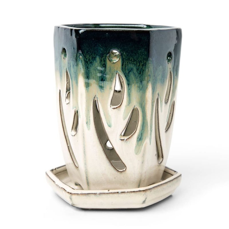rePotme 4 x 6 inch Ceramic Orchid Pot (Evergreen Emerald Over Cream) - Hexagon Orchid Pot with Holes - Image 2
